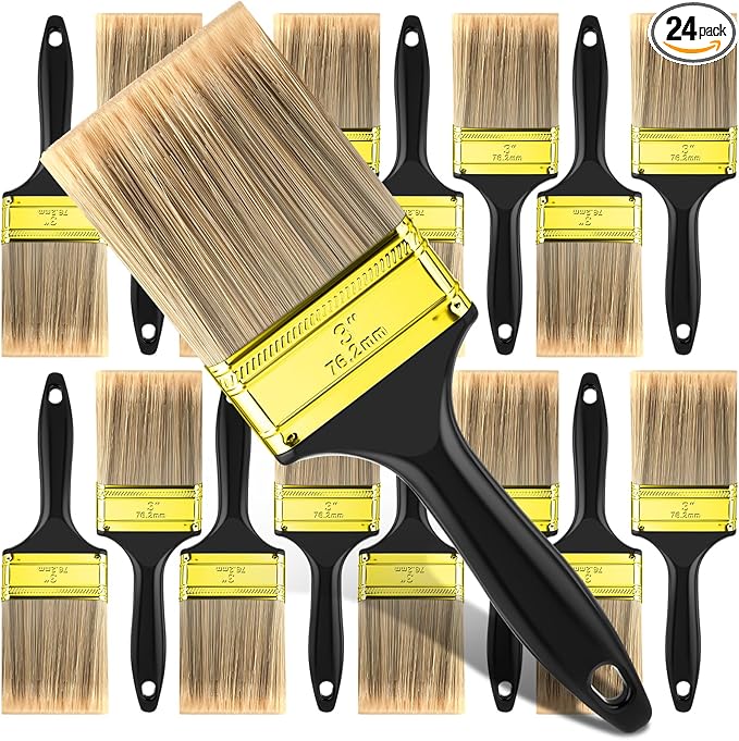Teenyyou 24 Pcs 3 Inch Paint Brushes Flat Chip Paintbrushes Bulk with Treated Plastic Handles Professional Painting Tools for Paint Stains Deck Door Furniture Home Wall Trim DIY