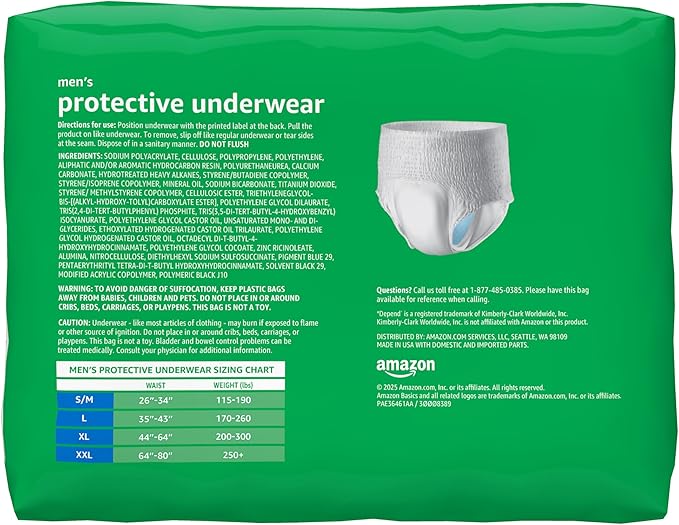 Amazon Basics Maximum Absorbency Incontinence Underwear for Men with Leak Protection and Odor Control, Disposable, Small/Medium, 60 Count (3 Packs of 20)