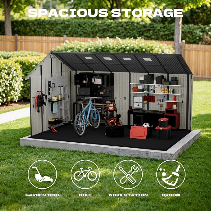 Devoko 10x14 FT Plastic Storage Shed with Floor, Large Resin Tool Outdoor Shed with Lockable Door & Windows, Outside Garden Storage Shed for Patio Backyard Lawn, Beige