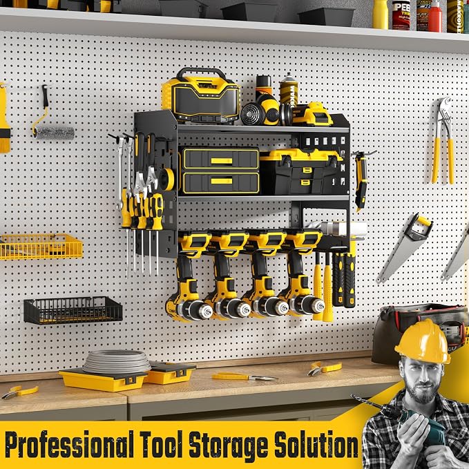 SUNALLY Power Tool Organizer, Heavy Duty Wall Mount Tool Organizer 3 Layers with 4 Drill Holders, Garage Tools Storage Rack with 2 Side Pegboards and Hooks for Workshop, Shed, Black