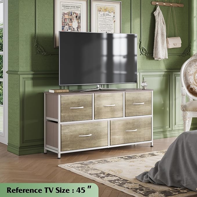 WLIVE Wide Dresser for Bedroom, 5 Drawer Chest of Drawers, Greige | 5 roomy fabric drawers, Wide storage design, Bedroom or closet use, Sturdy steel frame, Smooth wood tabletop