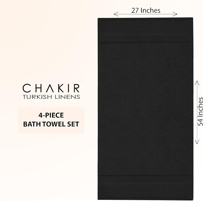 Chakir Turkish Linens 4 Piece Large Bath Towels, 100% Cotton Turkish Towels for Bathroom, Luxury Soft Absorbent Bath Towel Set, 27 x 54 Inches, Black