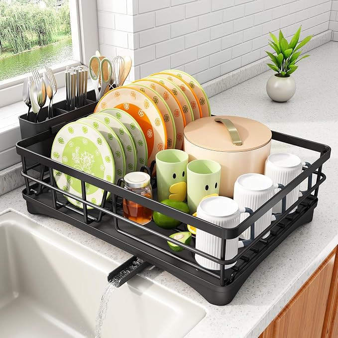 SAYZH Dish Drying Rack for Kitchen Counter with Utensil Holder, Black | Stainless Steel, Large Capacity, Angled Drainboard, Rotating Spout, Removable to Clean