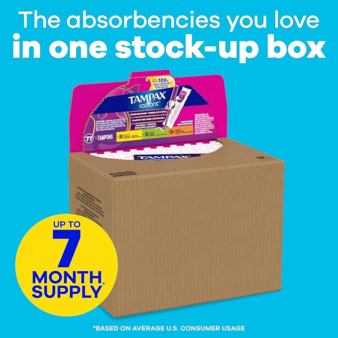Tampax Radiant Tampons Multipack, with LeakGuard Braid, Regular/Super/Super Plus Absorbency, Up to 100% Leak and Odor Free Protection, Unscented, 77 Count