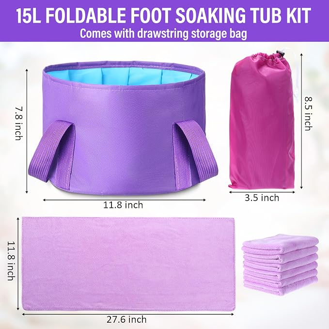 FillTouch 12 Pcs 15L Foldable Foot Soaking Tub Kit Portable Foot Bath Tub for Soaking Feet with Towel and Storage Bag Soak Spa Bucket for Travel Camping (Purple)