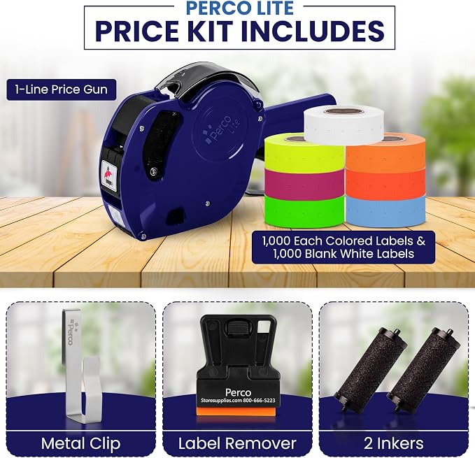Perco Lite 1 Line Price Gun Kit for Retail Business – Includes 6 Multicolored Rolls, Gun Clip & Ink Rollers – Pre-Loaded Pricing Gun w Labels & Ink
