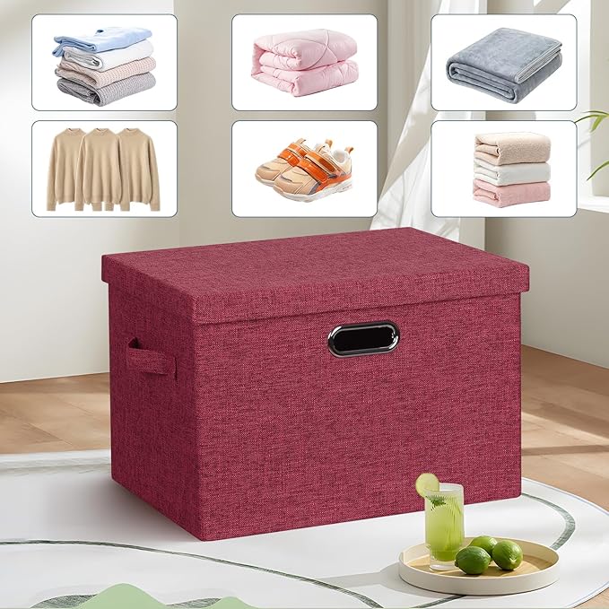 Graciadeco Large 17" 36 Quart Collapsible Stackable Storage Bins with Lids, 3 Packs Bright Red Linen Fabric Closet Boxes with Lids, Storage Cube Baskets Container Organizers for Office (17x12x11)