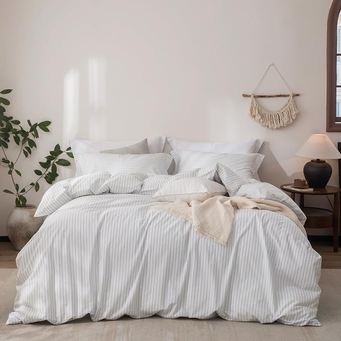 Stripe Linen Feel Duvet Cover King Size 104inch x 90inch,100% Washed Cotton Duvet Cover with Zipper Closure and 2 Pillowcases, Stripe of White-Cornflower Blue