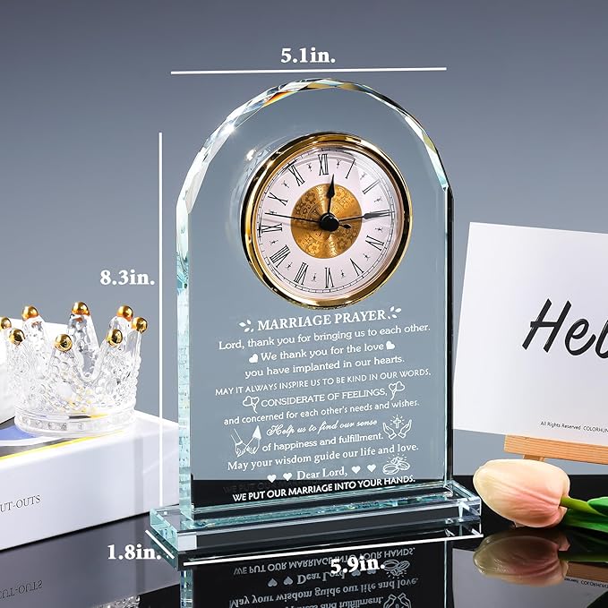 Arikyrist Wedding Gifts for Couples 2026 Glass Clock Anniversary Marriage Prayer Plaque Gifts with Inspiring Quotes, Newlywed Mr and Mrs Gifts Decoration Sign Marriage Blessing Couple Religious Gifts