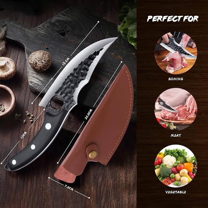 DRGSKL Huusk Japan Knife Upgraded Version, Fillet Caveman Viking Knives | High Carbon Steel ATS-34, Portable Sheath, Full-Tang Wood Handle, Gift Box, Anti-sticking & Antirust Hammer Texture