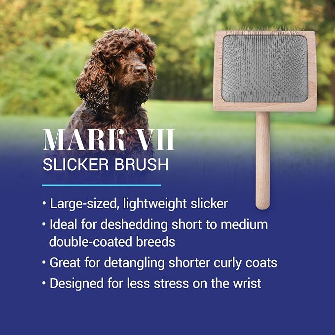 Chris Christensen Mark VII Curved Back Slicker Brush for Dogs, 12mm Pins, Groom Like a Pro, Handcrafted Lightweight Beechwood Ergonomic Handle, Stainless Steel Pins, A5VII, Large. Made in Germany.