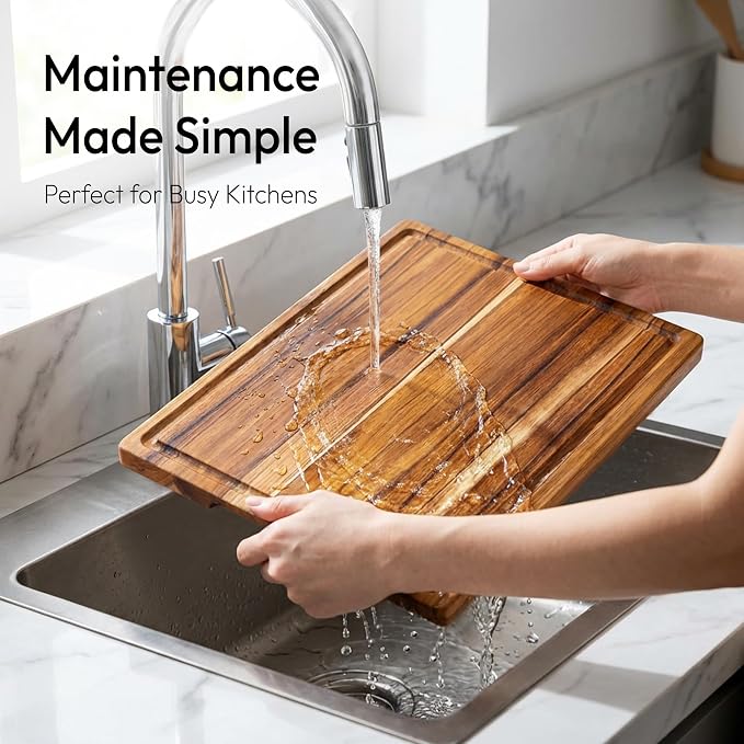 3 Pack Teak Wood Cutting Board Set for Kitchen Charcuterie Board Serving Heavy Duty Non Toxic Slip Over Sink Solid Thick Haus Wooden Chopping Board Large Big Small Meat Kitchen Essential Gift