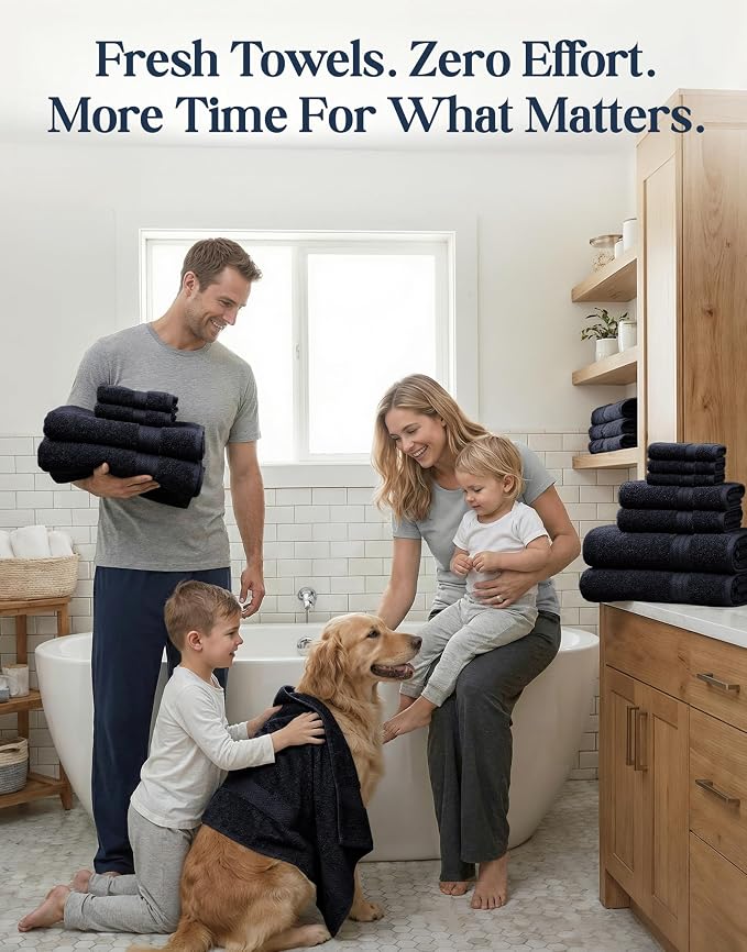 LANE LINEN Bath Towel Set Quick Dry 100% Cotton 24 Piece Soft - Black | Cotton Bath Towels - Classic Terry Weave, Densely Woven & Durable, Easy-Care, Coordinated Colors