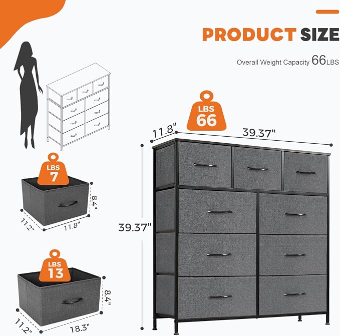 Sweetcrispy 9 Drawer Fabric Dresser Storage Tower Drawer Organizer, Grey | Sturdy steel frame with wood top,easy-pull handles,Space-saving organizer chest for bedroom, closet, Lightweight and stable