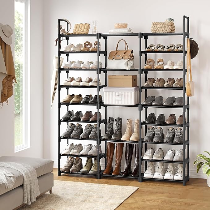 WOWLIVE 9 Tiers Large Shoe Rack Storage Organizer for Closet 50-55 Pairs Shoe Tower Unit Shelf Stackable Shoe Rack with Metal Pipes Plastic Connectors Black(SSS3B9)