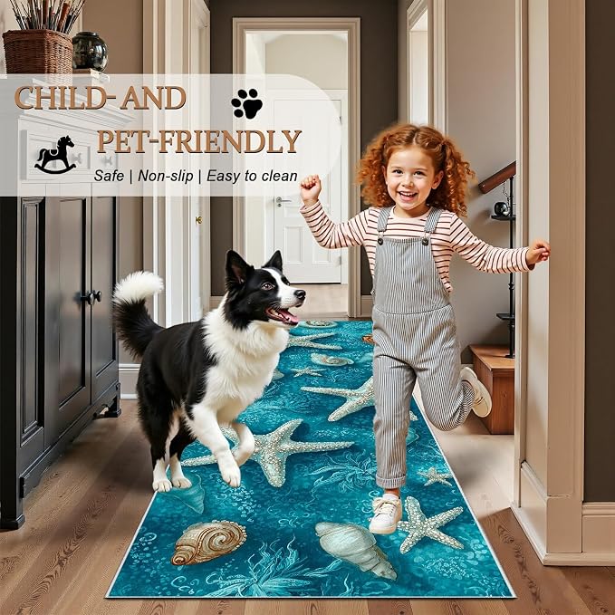 Starfish Conch Hallway Washable Runner Rug 2x7, Watercolor Ocean Hallway Rug Soft Non Slip Low Pile Floor Mat, Turquoise Blue Carpet Runner for Entryway Corridor Laundry Bedside Rugs Decor