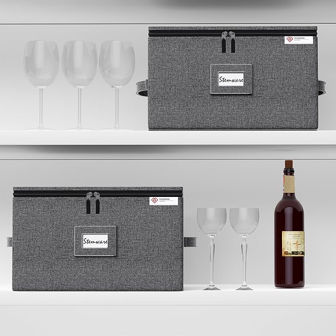 2 Pack Wine Glass Storage Box with Dividers,Stemware Storage Cases with Sturdy Handle and Hard Shell for Glassware Crystal Storage,Transport and Moving,Holds 12,Grey