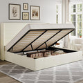 Allewie King Size Chenille Lift Up Hydraulic Storage Bed Frame Cream White | Chenille Fabric Upholstered, Modern Wingback Headboard, Hydraulic Support Storage, No Box Spring Needed