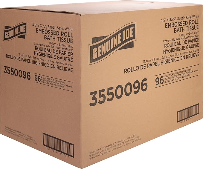 Genuine Joe Embossed Bath Tissue, 2-Ply, Septic Safe, Individually Wrapped, 4.5" x 3.75", 500 Sheets/Roll, 96 Count