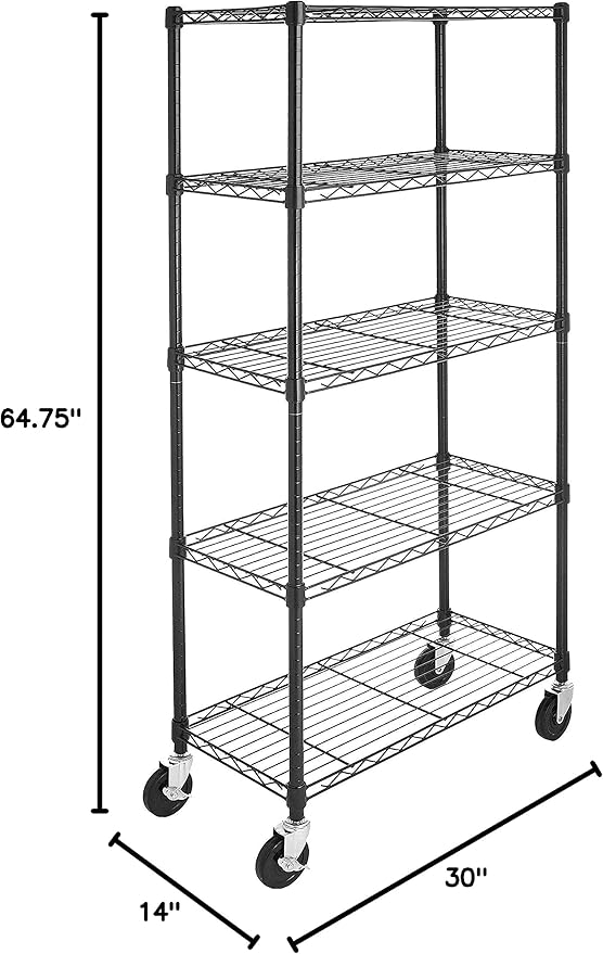 Amazon Basics 5-Shelf Heavy Duty Garage Shelving Storage Rack with 4" Wheel Casters, Adjustable Metal Wire Organizer, 300 lbs Per Shelf, 30" x 14" x 64.75", Black