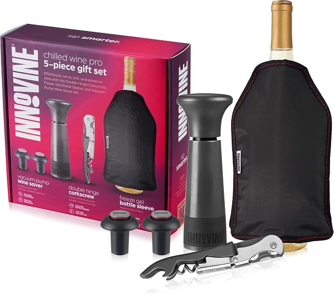 Chilled Wine Pro 5-Piece Gift Set, Graphite – Vacuum Pump Wine Saver with 2 Stoppers, Double-Hinge Waiter’s Corkscrew, Freeze Gel Wine Bottle Sleeve | Preserve, Uncork & Chill