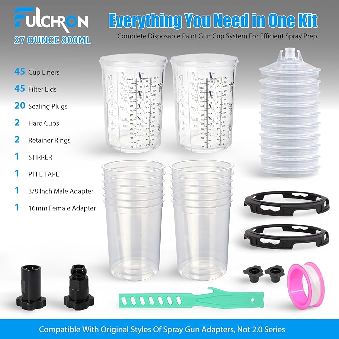 Disposable Paint Cups For Spray Gun, 27oz 125-Micron Mixing Cup With Lids | Fulchron 50PCS Paint Cup Liners with Lids, 2 Hard Cups & Adapters, Ideal for HVLP/LVLP Spray Gun 360° Spray & Less Cleanup
