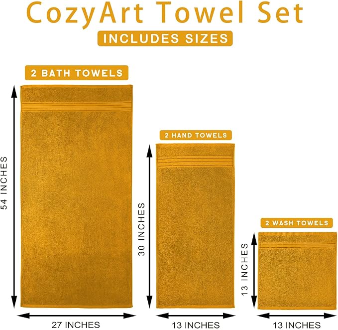 COZYART Luxury Bath Towel Set 6 Pcs, Gold 100% Turkish Cotton 650 GSM | OEKO-Tex 100 Certified Zero Twist Ring Spun, Soft Absorbent Quick Dry, Plush Fluffy, Breathable Hotel Quality for Daily Use
