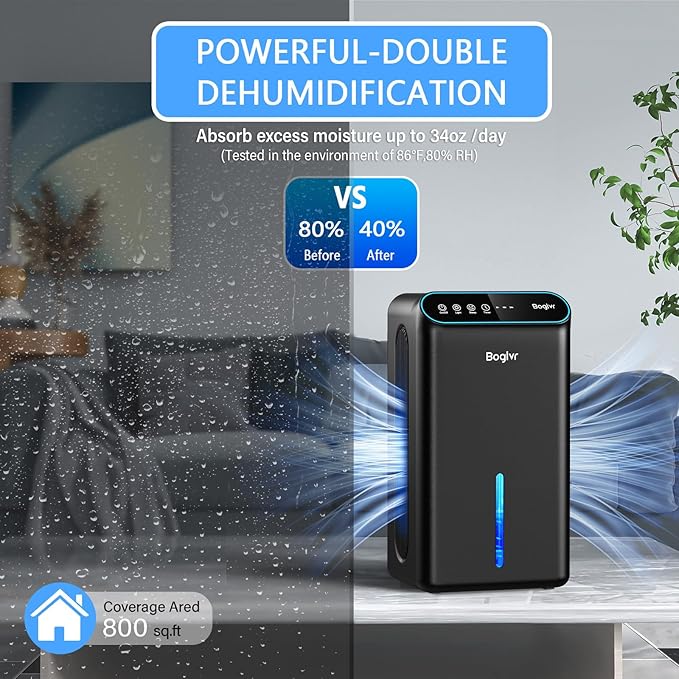 Dehumidifier for Home up to 1000 sq.ft, 98oz Small Quiet Dehumidifier with Drain Hose, 3 Timer Modes, Auto Shut Off, Aromatherapy & 7 Color Light for Bedroom, Bathroom, Basement (Black)