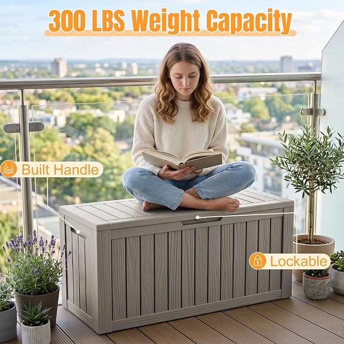 Outdoor Storage Box, 140 Gallon Waterproof Resin Deck Box with Support Rod | UV Resistant Lockable Package Delivery Bin, Shoe, Patio & Garden Tools Storage, Toy Cabinet, Ottoman, Indoor/Outdoor