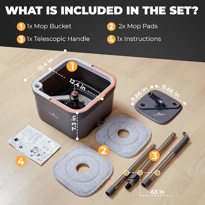 Spin Mop and Bucket Set with Wringer – Dual-Chamber Self Wringing Mop, Flat Microfiber Mop for Hardwood, Tile & Vinyl Floors, 2 Washable Replacement Heads, 63" Handle, Gray