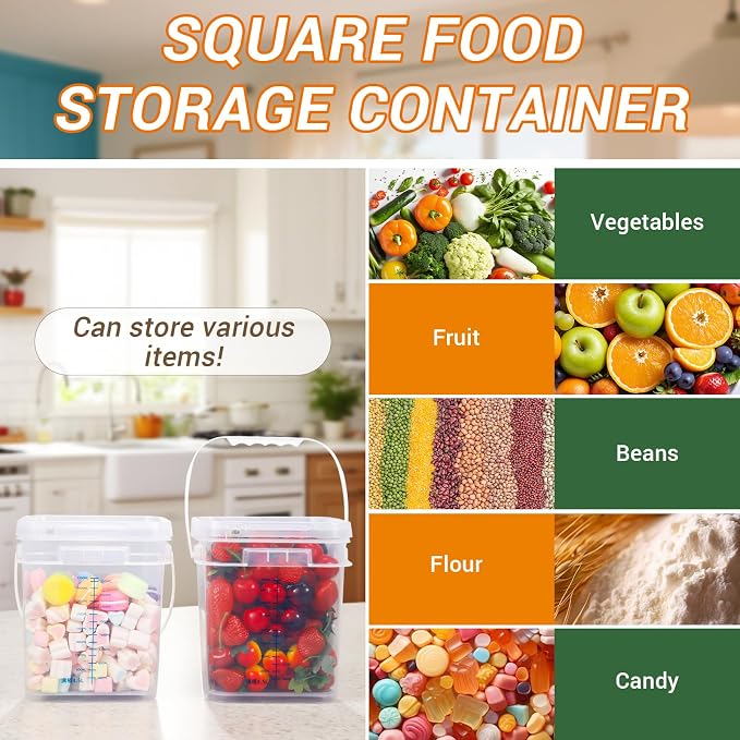 1 Gallon Food Storage Buckets with Lids, 4 Pack Square Clear BPA Free Plastic Containers with Handles and Labels for Pantry, Dry Goods, Meal Prep and Freezer