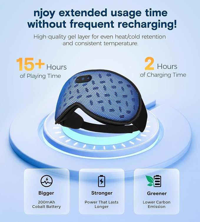 MUSICOZY Bluetooth Sleep Mask, Cooling Weighted Eye Mask with Bluetooth Headphones for Side Sleepers, 3D Contoured Relaxing No Pressure Eye Cover to Block Light for Night Sleeping(Grid Blue)