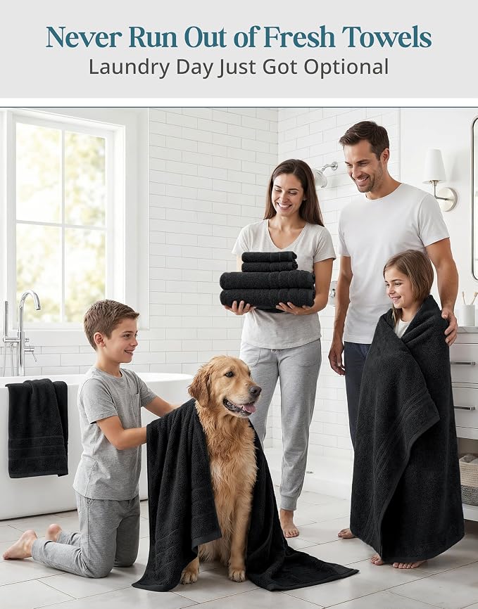 Casa Platino Towel Set Soft Absorbent Quick Dry 100% Cotton - Black | Towels And Washcloths Sets - Lightweight & Breathable, Fade-Resistant Color, Classic Terry Weave, Densely Woven