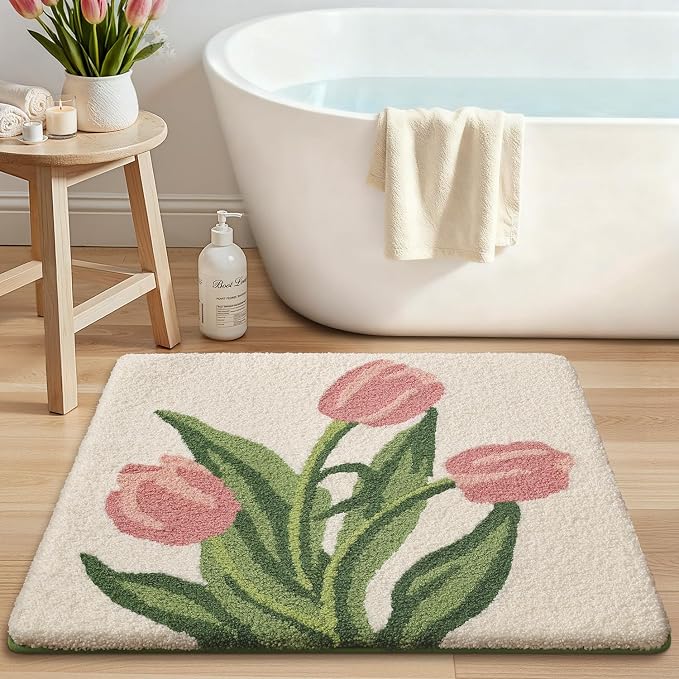 LUMI Bathroom Rugs Cute Tulip, Soft Absorbent Square Bath Mat Non-Slip, Machine Washable Quick Dry Beige Luxury Rug Flower for Kids Room, Bathtub, Home Decor, 32"x32"