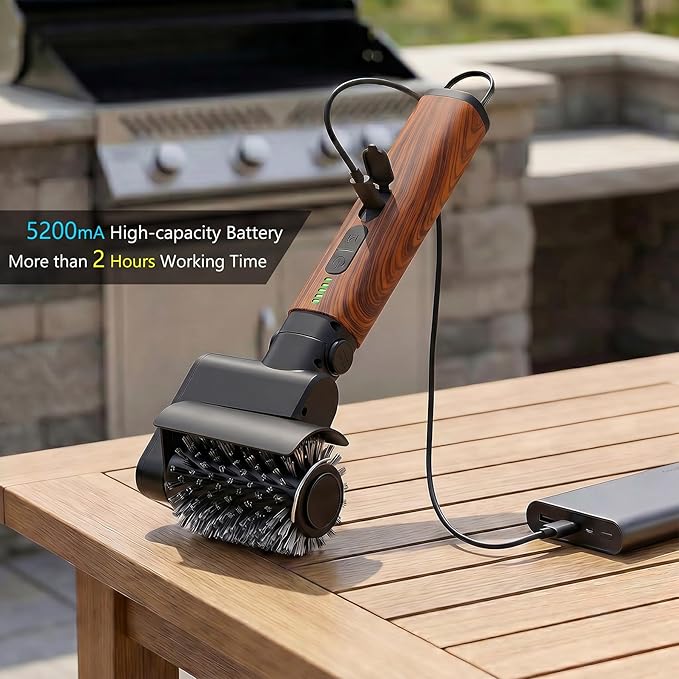 Electric Grill Brush 3-in-1 Kit – Cordless BBQ Cleaner with Reinforced Safe Metal Bristles – 2 Hours Runtime, Waterproof & Dishwasher Safe Removable Brushes for Deep Cleaning (Red Wood Coating)