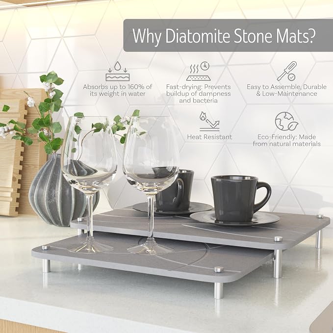 Nested Stone Drying Mat for Kitchen Counter | Large 16"x12" Dish Drying Mat plus 13"x12" Diatomaceous Earth Stone Dish Drying Mat | Expands to 29” x 12” | Premium Stone Mat (Light Gray)