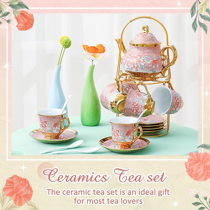 Zhehao 20 Pcs Porcelain Tea Set with Metal Holder and Spoon Adult Ceramic Tea Set European Flower Painting Teapot Cup Saucer Spoon for Women Mom Gift, Large Version (Pink Style)