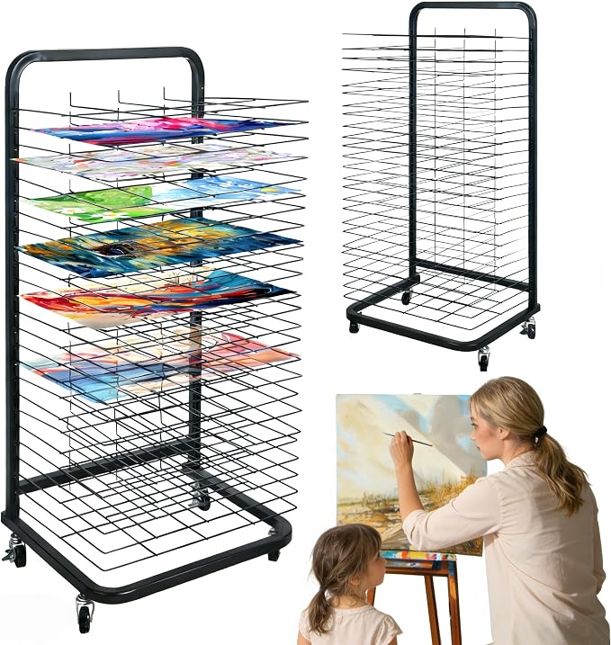 25 Removable Shelves Mobile Art Drying Rack for Classroom, Sturdy Metal Art Canvas Storage & Art Print Display Rack with Locking Wheels (32.22x14.6x17.3 In)，Painting Drying Rack，paper drying rack