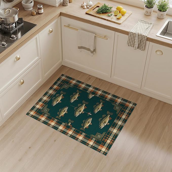 3'x5' Washable Area Rug Cabin Bass Plaid Border Vintage Baits Lure Tackle Fish Fishing Refined Stain Resistant Flatwoven for Entryway, Kitchen, Mudroom
