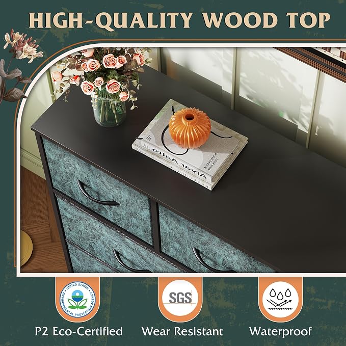 WLIVE 9 Drawer Dresser, Fabric Storage Tower for Bedroom, Hallway, Closet, Tall Chest Organizer Unit for Bedroom with Fabric Bins, Steel Frame, Wood Top, Easy Pull Handle, Vintage Green