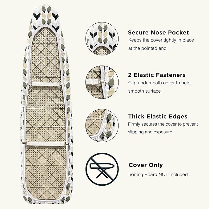 UniSimp Ironing Board Cover and Pad 18"x54" Extra Thick Natural Cotton, Scorch & Stain Resistant Iron Board Cover, Extra Large Iron Board Cover with Fasteners Heavy Duty Heatproof Elastic Edge Foliage