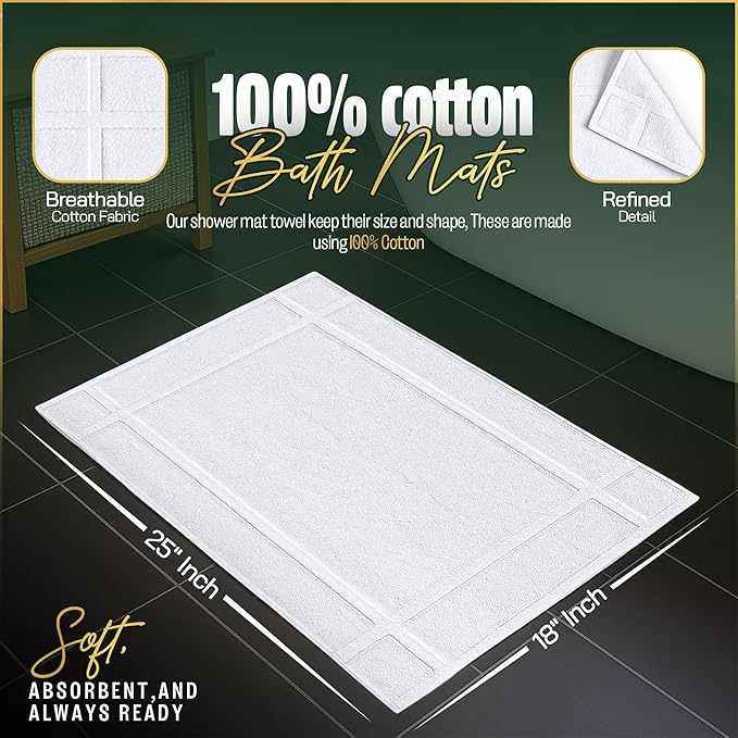 Pearl Linens Pack of 2 100% Cotton Bath Mat 18x25 inches, Soft & Absorbent Quick Dry Bathroom Mat Set, Not Bathroom Rugs, After Shower Mat, Bath Tub Mat, 781 GSM, Machine Washable, White