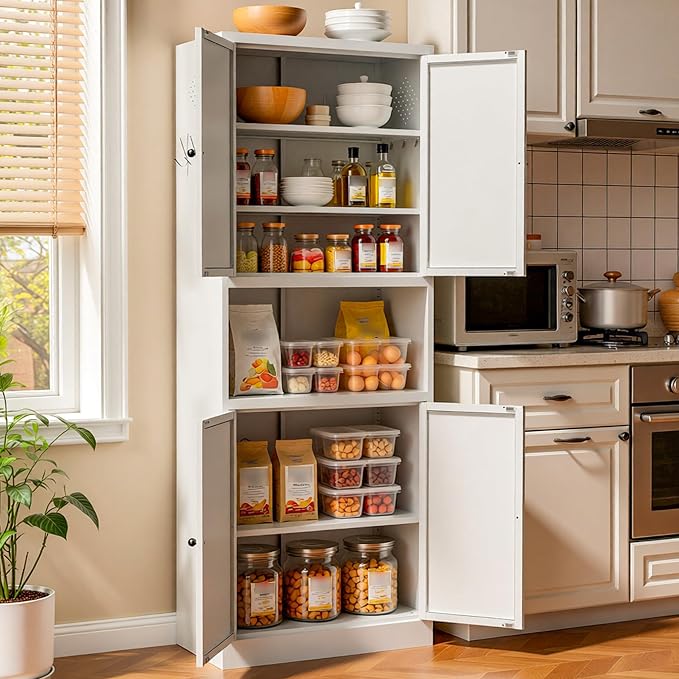 AQY Metal Pantry Cabinet, 72" White Kitchen Storage Cabinet with Doors | Microwave Stand 3 Adjustable Shelves Freestanding Storage Metal Cabinet Kitchen Organization