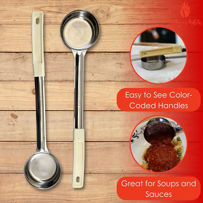 3 oz Solid Stainless Steel Portion Control Ladle Spoon | Commercial-Grade Spoodle for Portioning & Serving - Soups, Sauces & Buffet Service. Color-Coded by Size. Dishwasher Safe.