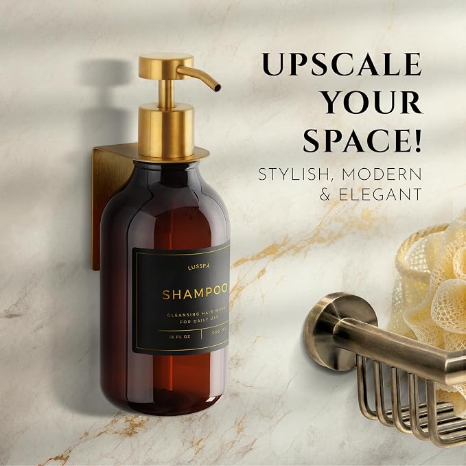 Shower Shampoo Dispenser Wall Mounted – Refillable 16.9 oz Amber Bottle with Stainless Steel Pump & No-Drill Adhesive Holder – Soap Dispenser for Bathroom (1 X Amber/Gold)