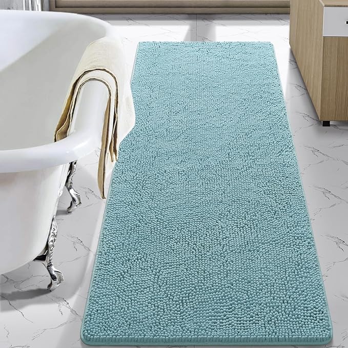 LOCHAS Luxury Bathroom Rug Shaggy Bath Mat 24 x 60 Inch, Spa Blue | Washable Non Slip Bath Rugs for Bathroom Shower, Soft Plush Chenille Absorbent Carpets