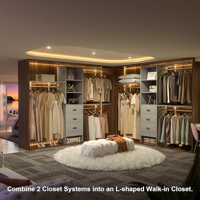 Armocity 96" Wood Closet System with 3 Enclosed Drawers & 3 Solid Shelves, 8FT Adjustable Closet Organizers and Storage, Heavy Duty Modular Wardrobe for Reach-In & Walk-In, 1000 LBS Load, Grey