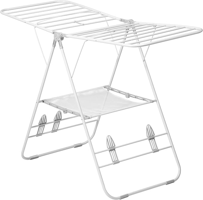 Honey-Can-Do Heavy-Duty Gullwing Clothes Drying Rack, 50 lb, White | Gullwing rack adds 46 ft of drying space with dedicated shoe bars. Sturdy metal, 50 lb capacity, folds flat.