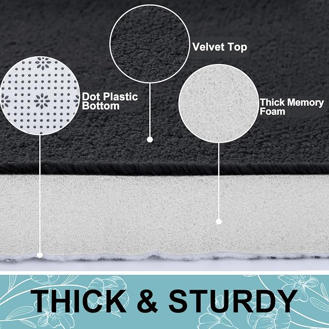 Smiry Memory Foam Bath Mat 45x27, Extra Soft and Absorbent Bathroom Mats, Non Slip Washable Carpet for Floor, Shower and Tub, Black