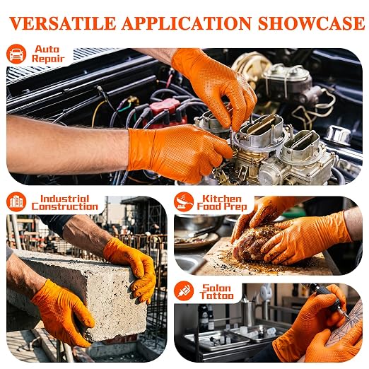 ANBOSON 10mil Nitrile-Gloves Disposable-Orange Chemical-Resistant Rubber - Mechanic Gloves Heavy Duty, Latex Free, Diamond Grip (100, Medium) | Diamond Grip,Latex Free,Chemical Resistant Disposable Thick Rubber Gloves for Auto Repair, Industrial, Food,...